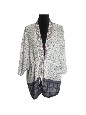 Christopher & Banks Floral Drawstring Kimono in Blue/White - Sz S/M